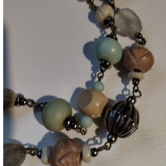 Gypsy Boho Bohemian Beaded Stones Double Strand Beach Silver Tone Necklace - Picture 5 of 5